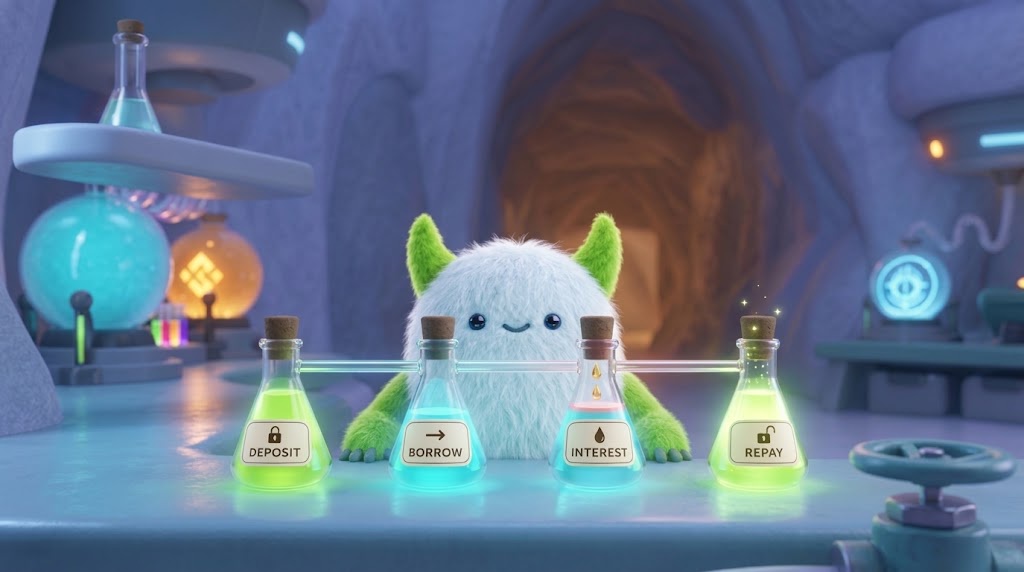 Four flasks in front of the Yeti, left to right: deposit the meme, borrow stables against it, interest grows the debt, repay to get the meme back.