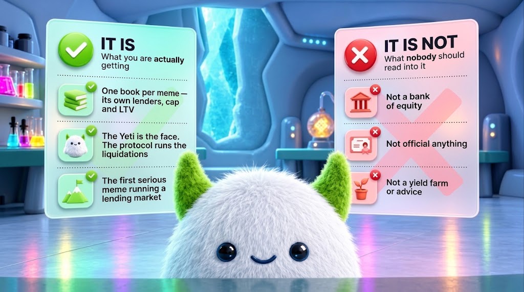 Two boards either side of the Yeti. It is: one book per meme, with its own lenders, cap and LTV; the Yeti is the face, the protocol runs the liquidations; the first serious meme running a lending market. It is not: a bank or equity; official anything; a yield farm or advice.