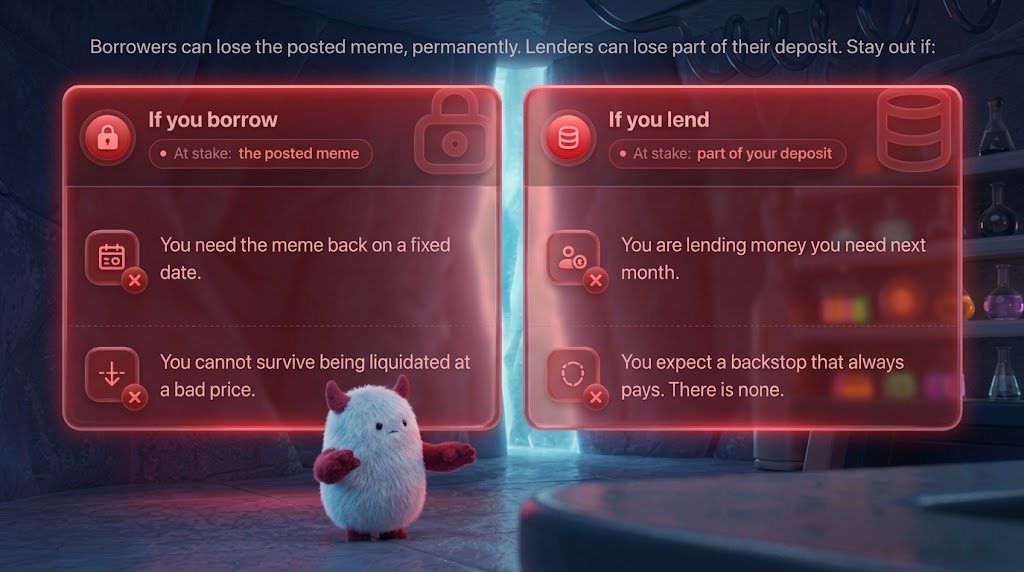 Borrowers can lose the posted meme, permanently. Lenders can lose part of their deposit. Stay out if: you borrow, with the posted meme at stake, and you need the meme back on a fixed date, or you cannot survive being liquidated at a bad price; you lend, with part of your deposit at stake, and you are lending money you need next month, or you expect a backstop that always pays. There is none.