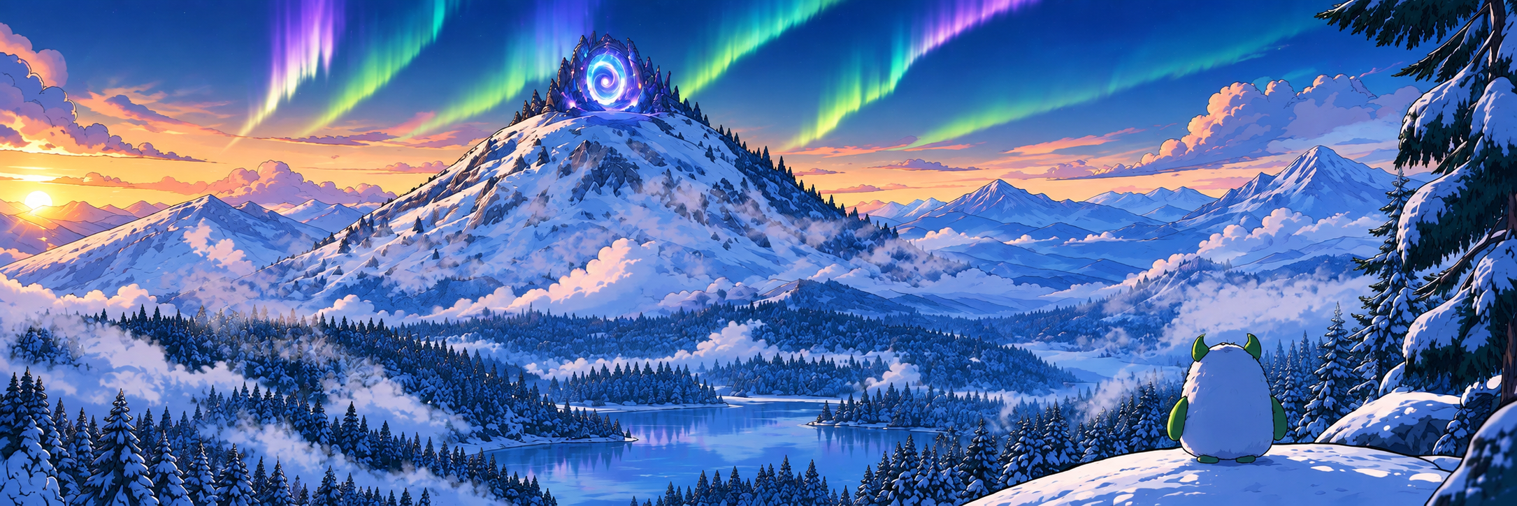 The Yeti looks out over a snowy mountain range at a glowing portal on the peak, under the aurora