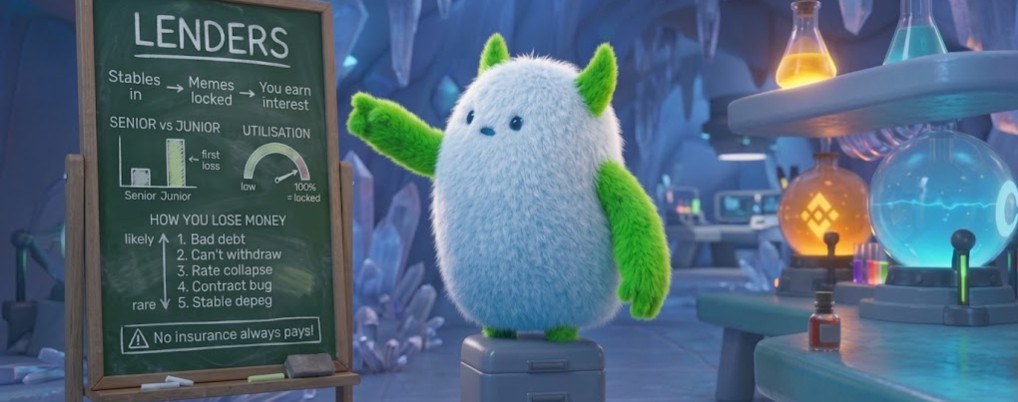 The Yeti beside a chalkboard: stables in, memes locked, you earn interest, senior vs junior, utilisation, and how you lose money