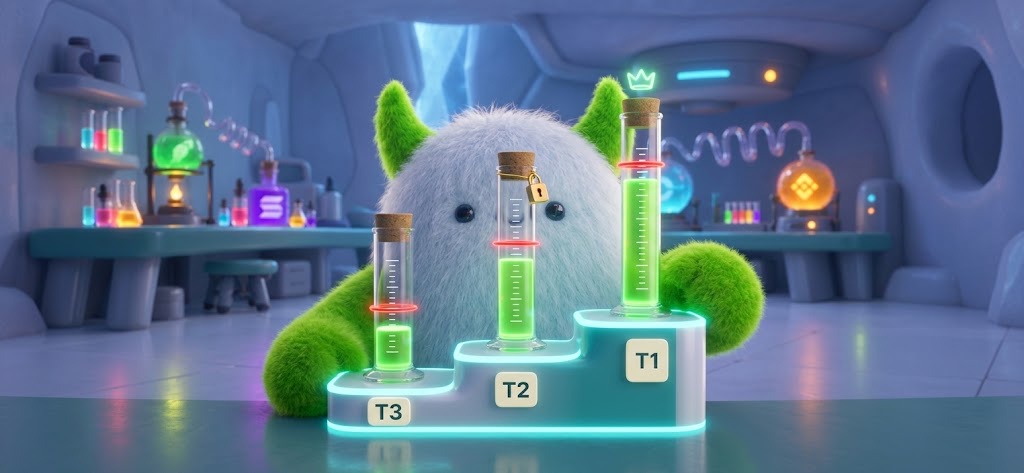 The Yeti beside a three step podium: T3 lowest, T2 in the middle, T1 highest, each with a rising vial