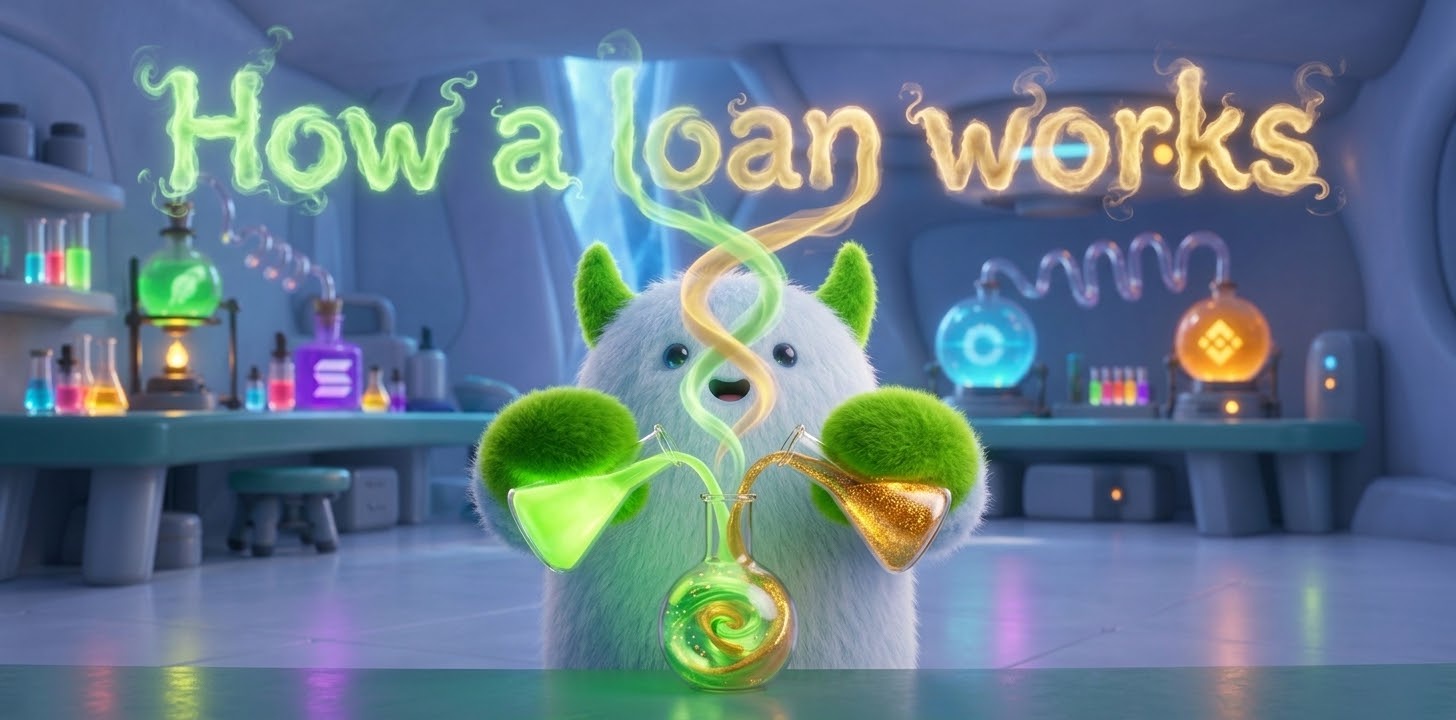 The Yeti in its lab pours a meme flask and a stables flask together to show how a loan works